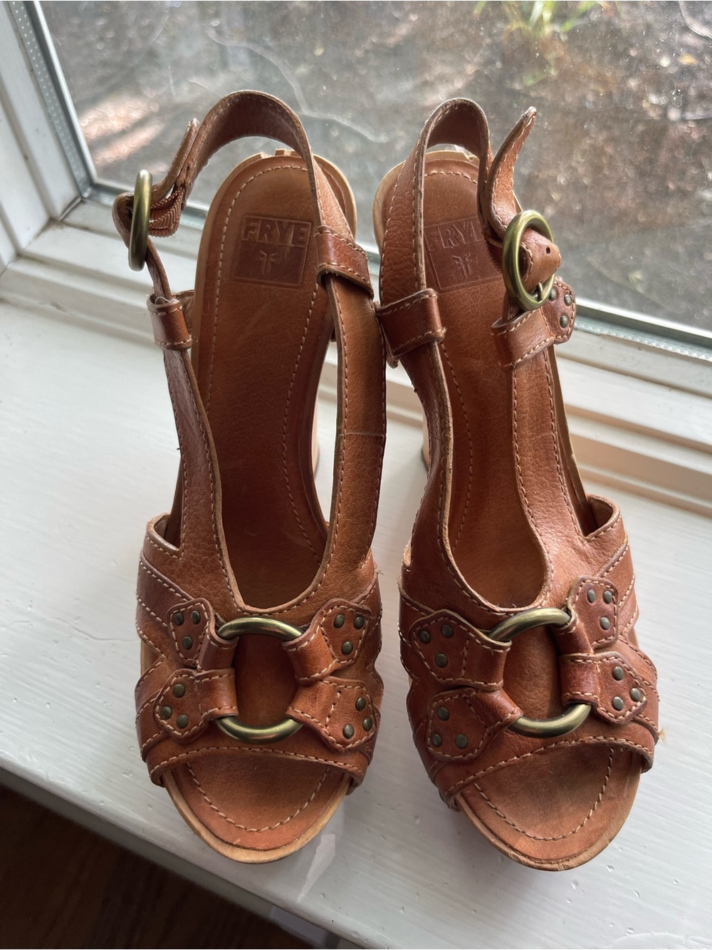 Frye Tan Leather Ring-Accent Slingback Heels